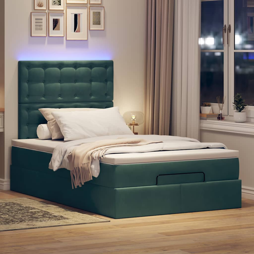 Estrutura de cama otomana com colchões verde escuro veludo