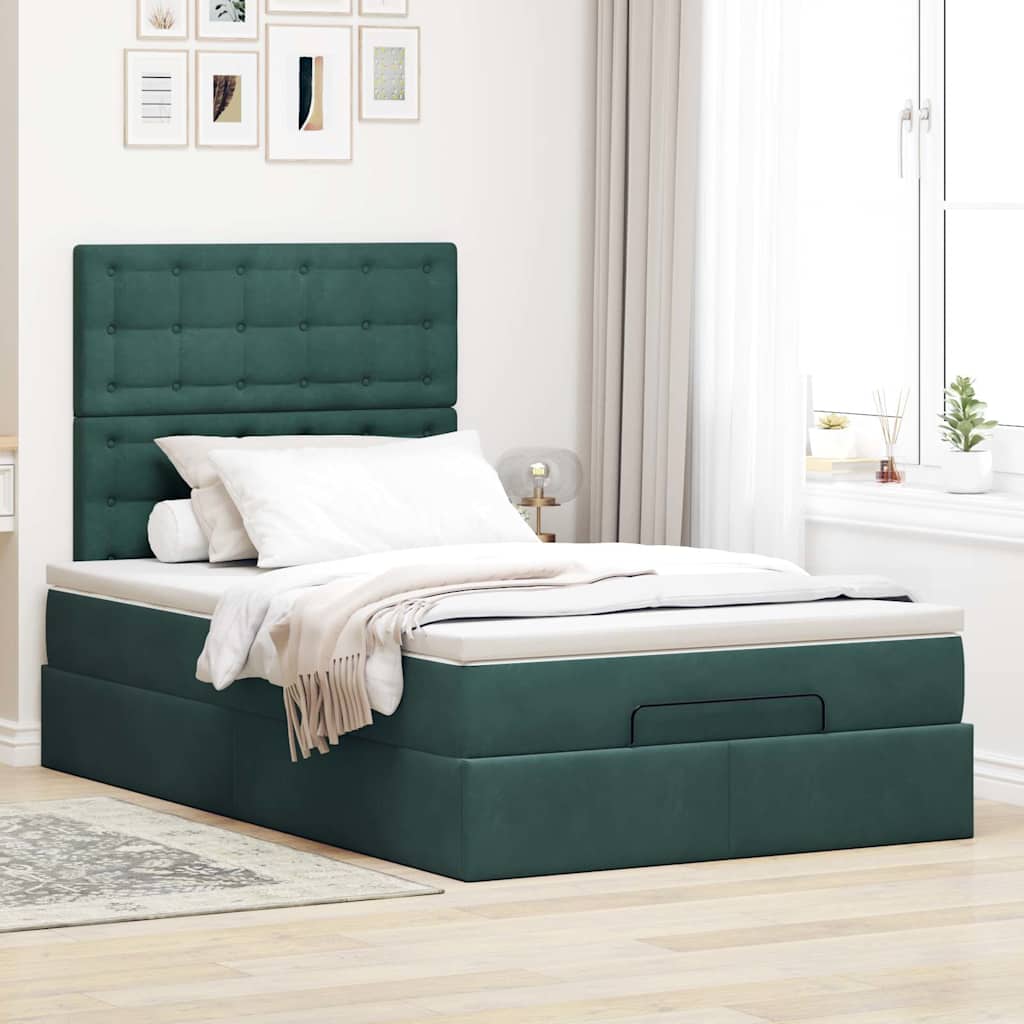 Estrutura de cama otomana com colchões verde escuro veludo