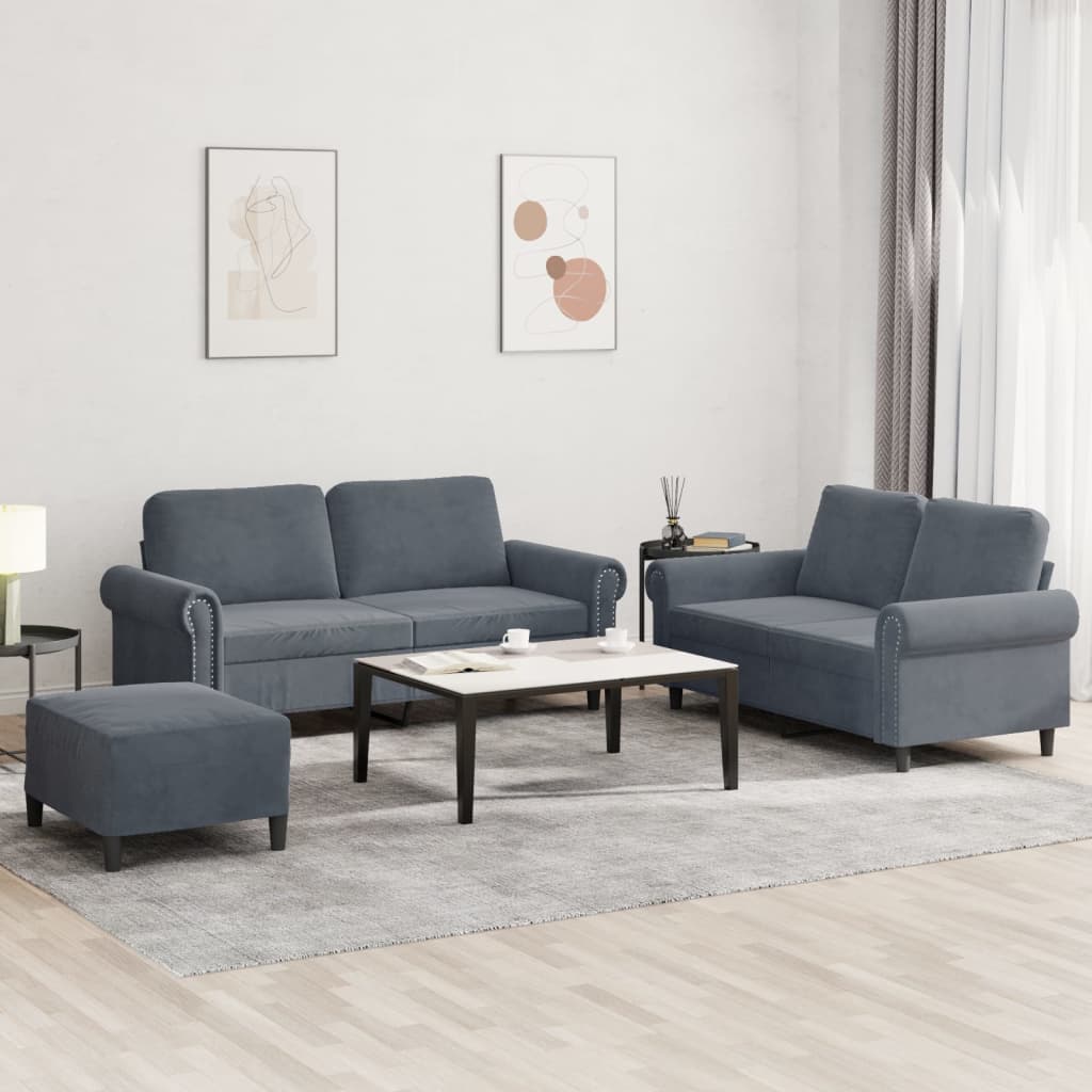 3 Pcs conjunto de sofás com almofadões veludo cinzento-escuro