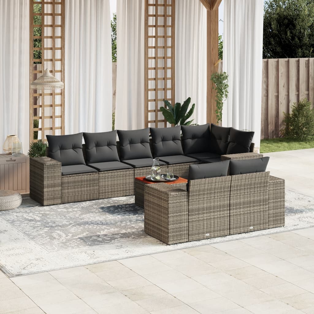 9 Pcs conjunto sofás p/ jardim com almofadões vime PE cinzento