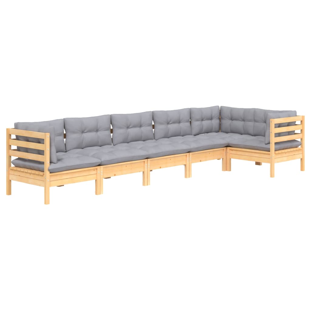 6 Pcs conjunto lounge de jardim c/ almofadões cinza pinho