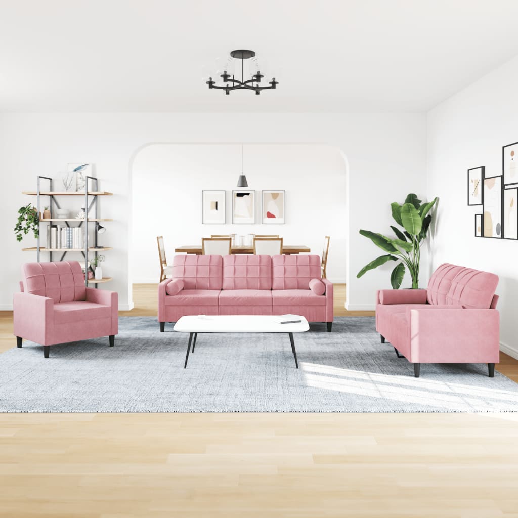 4 Pcs conjunto de sofás com almofadões e rolos veludo rosa