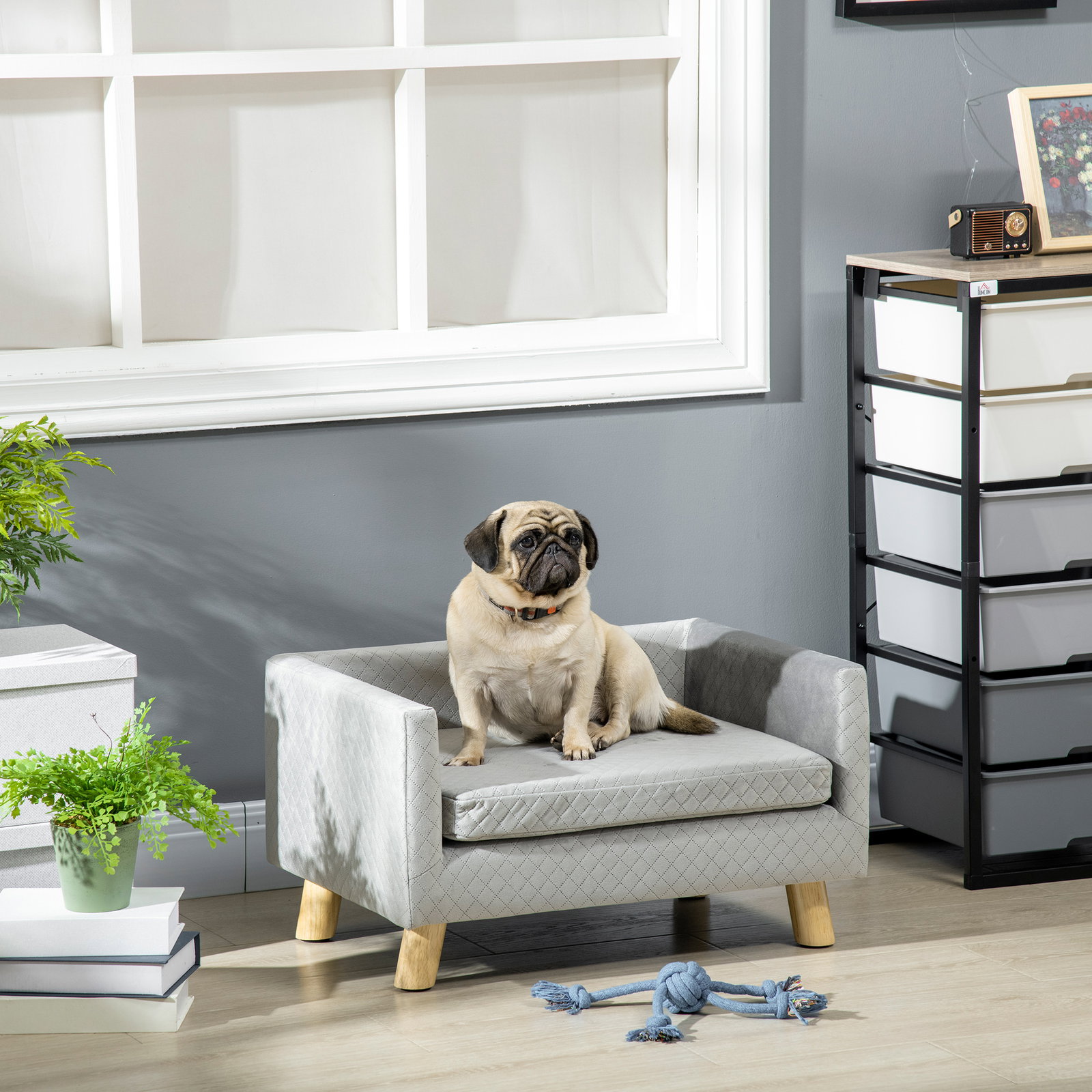 Sofá para cães pequenos 64x45x36 cm em veludo com almofada lavável e pés em madeira de bétula cinzento escuro