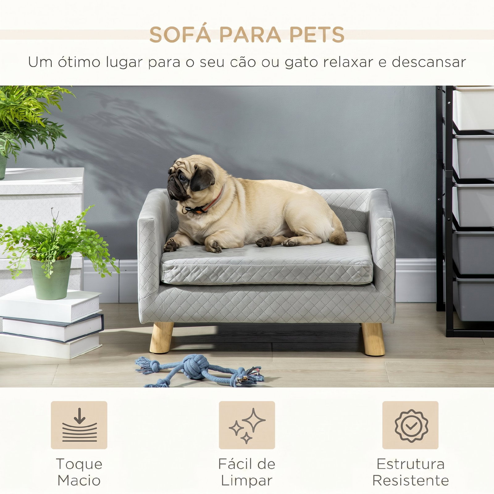 Sofá para cães pequenos 64x45x36 cm em veludo com almofada lavável e pés em madeira de bétula cinzento escuro