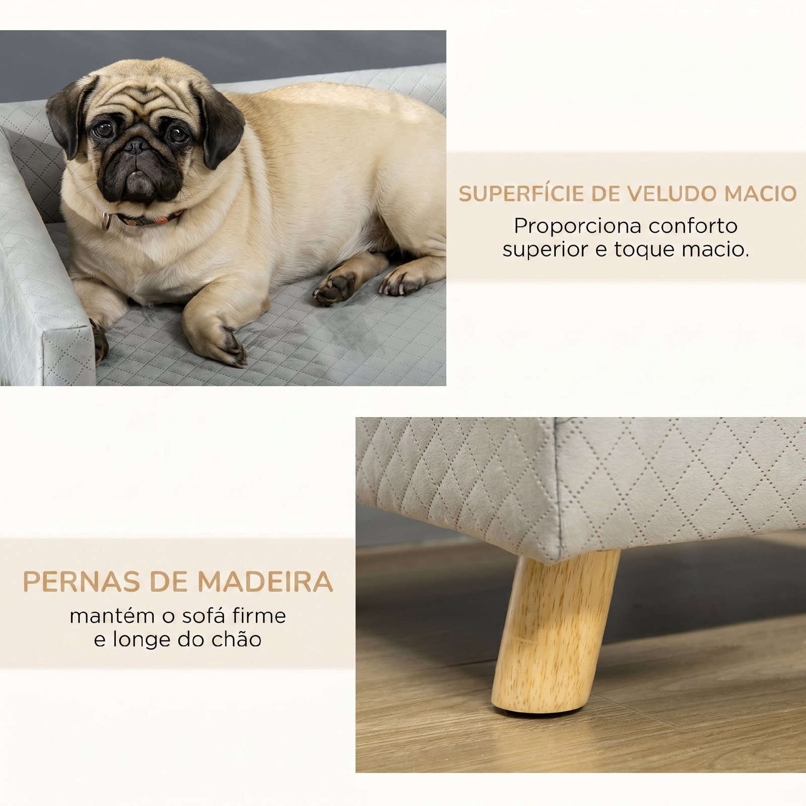 Sofá para cães pequenos 64x45x36 cm em veludo com almofada lavável e pés em madeira de bétula cinzento escuro