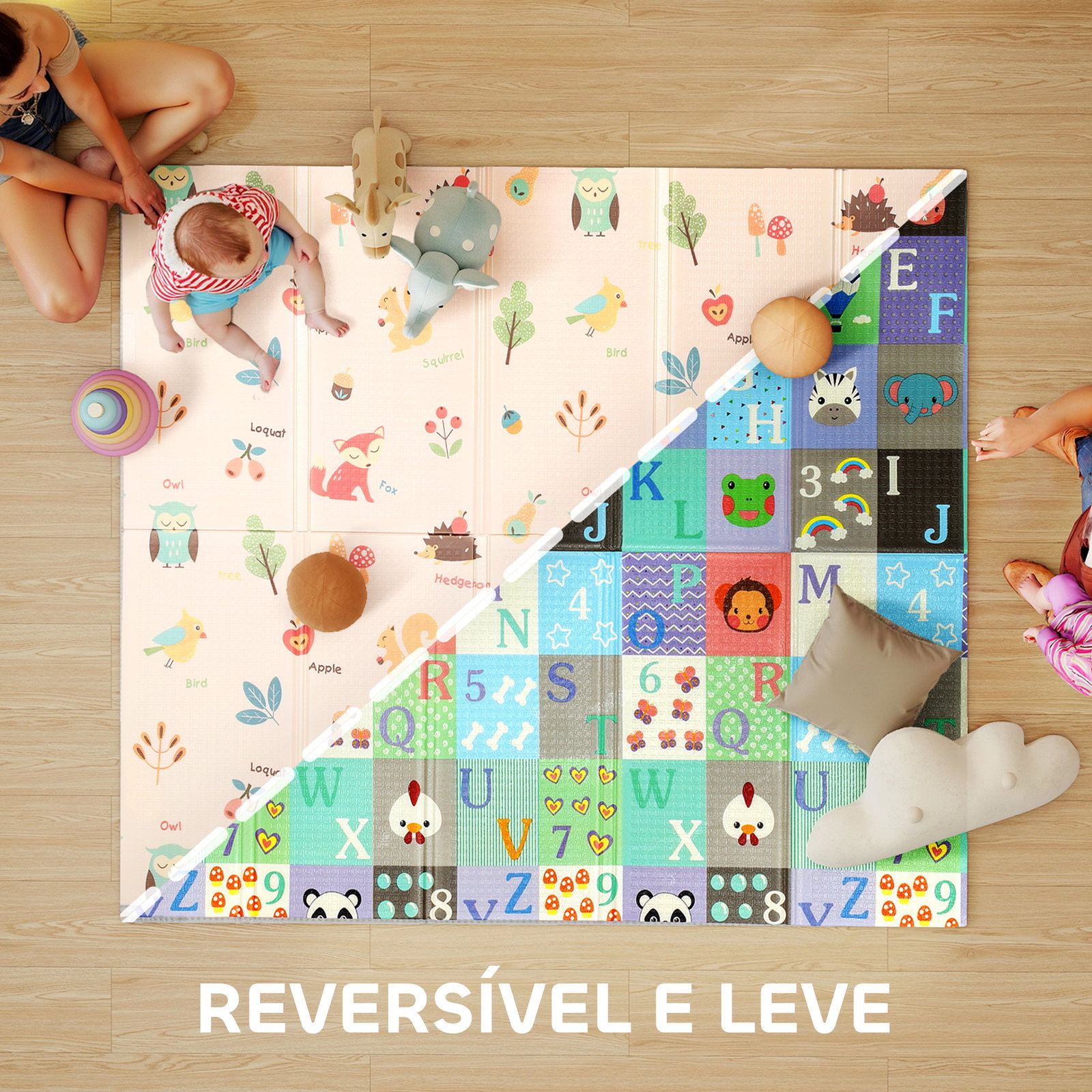 Tapete de brincar para bebés acolchoado dobrável reversível e impermeável 176,5x148x1 cm multicor
