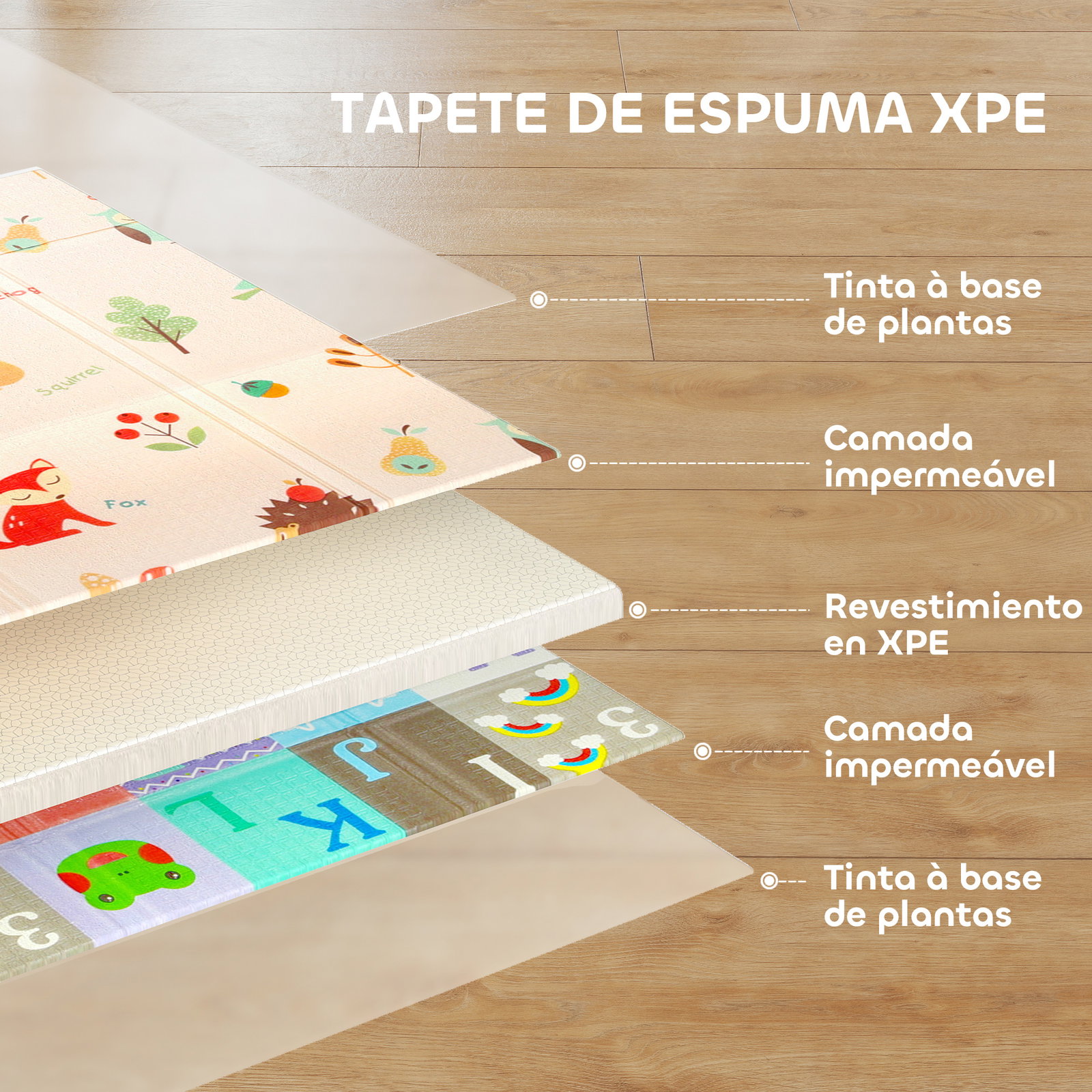 Tapete de brincar para bebés acolchoado dobrável reversível e impermeável 176,5x148x1 cm multicor