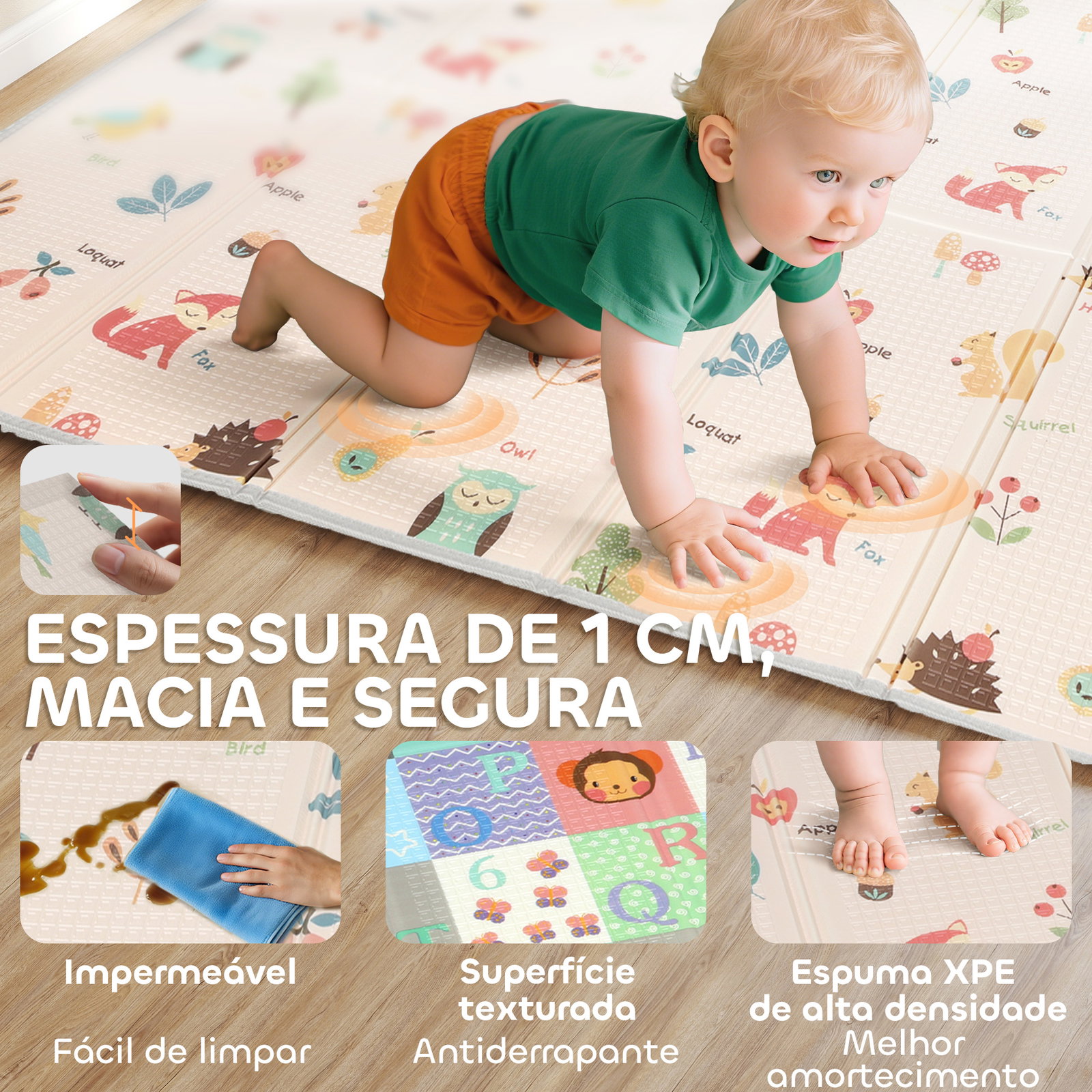 Tapete de brincar para bebés acolchoado dobrável reversível e impermeável 176,5x148x1 cm multicor