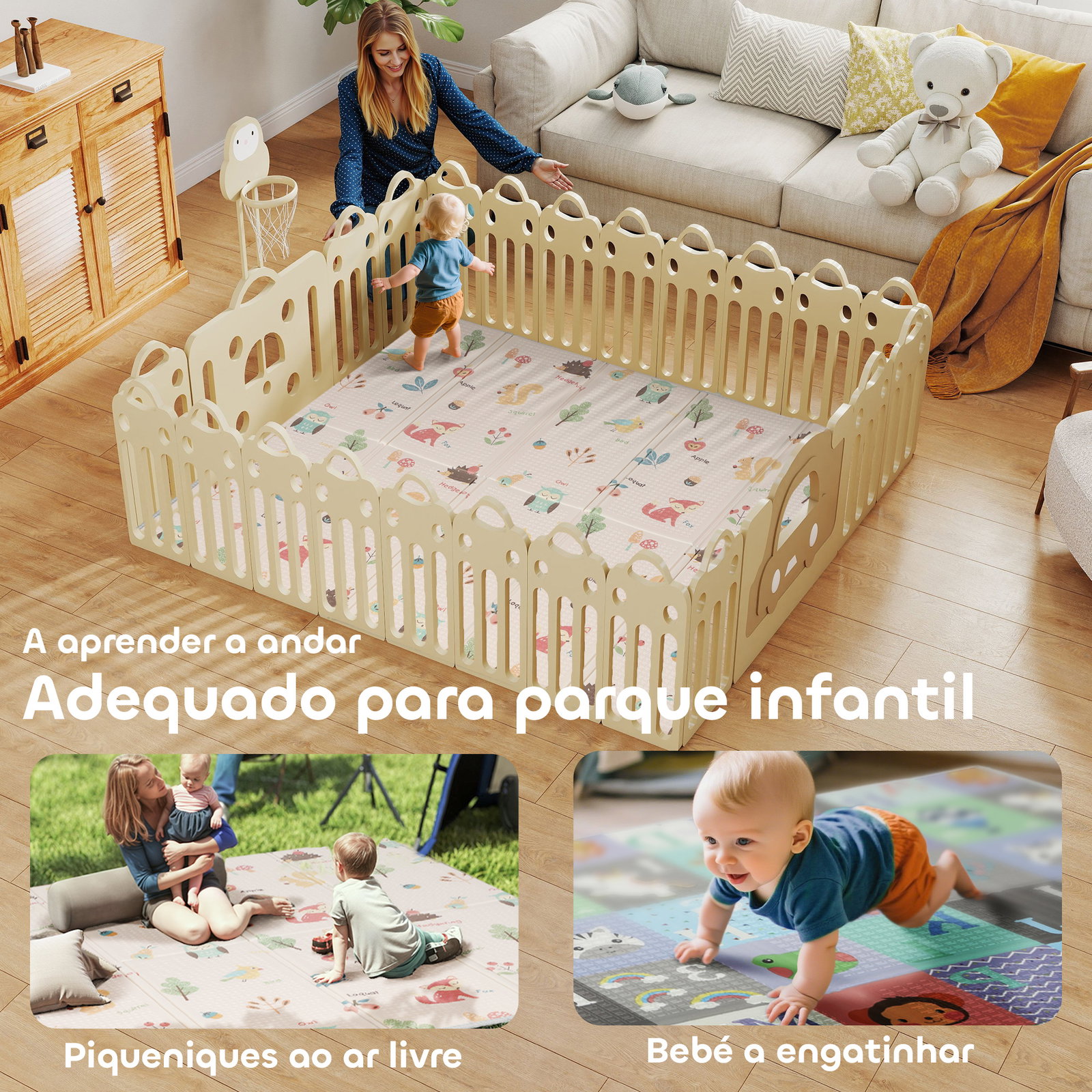 Tapete de brincar para bebés acolchoado dobrável reversível e impermeável 176,5x148x1 cm multicor