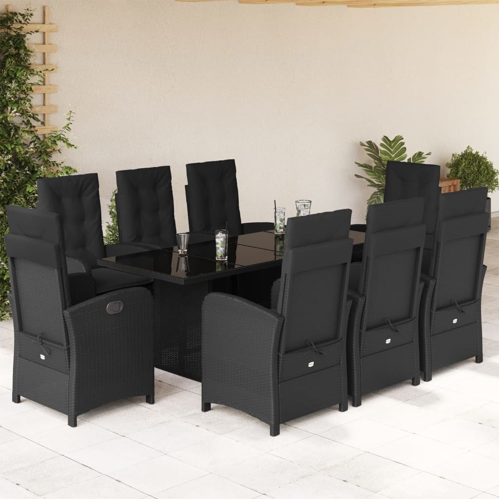 9 Pcs conjunto de jantar p/ jardim c/ almofadões vime PE preto