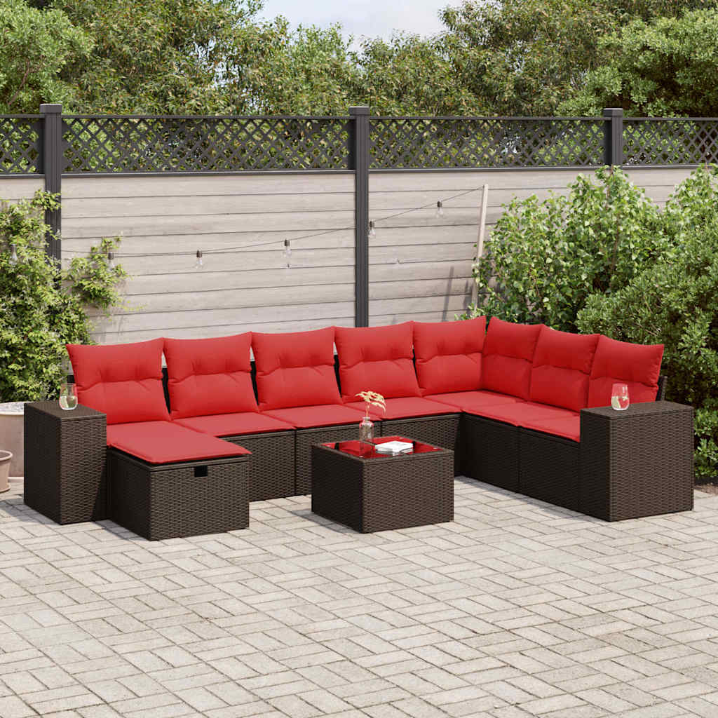 9 Pcs conjunto sofás p/ jardim c/ almofadões vime PE castanho