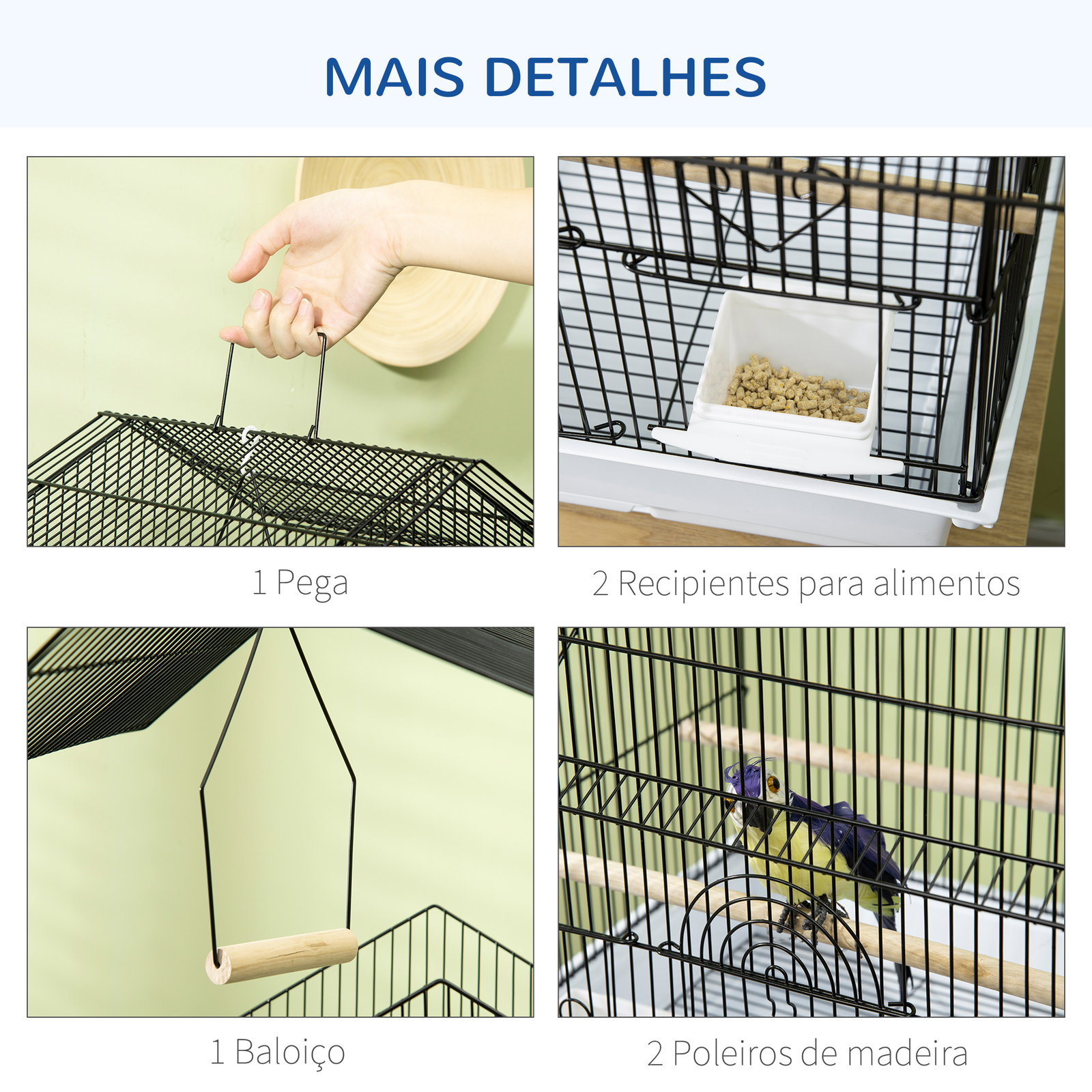 Gaiola para pássaros de aço com bandeja removível e 2 comedouros, periquitos e pintassilgos 50,5x41x63 cm branco