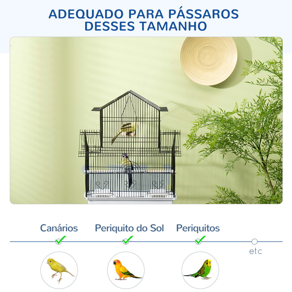 Gaiola para pássaros de aço com bandeja removível e 2 comedouros, periquitos e pintassilgos 50,5x41x63 cm branco