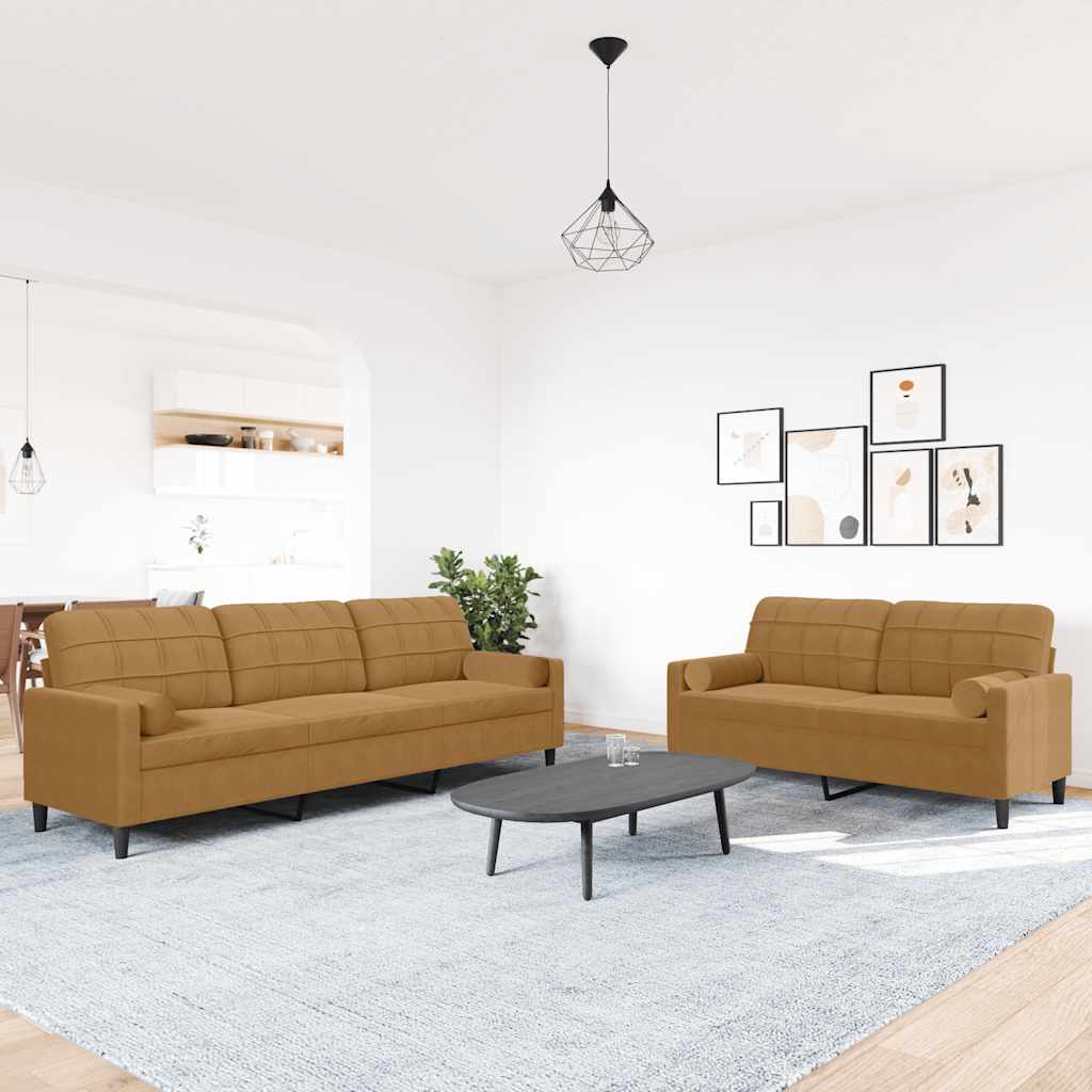 2 Pcs conjunto de sofás com almofadões e rolos veludo castanho