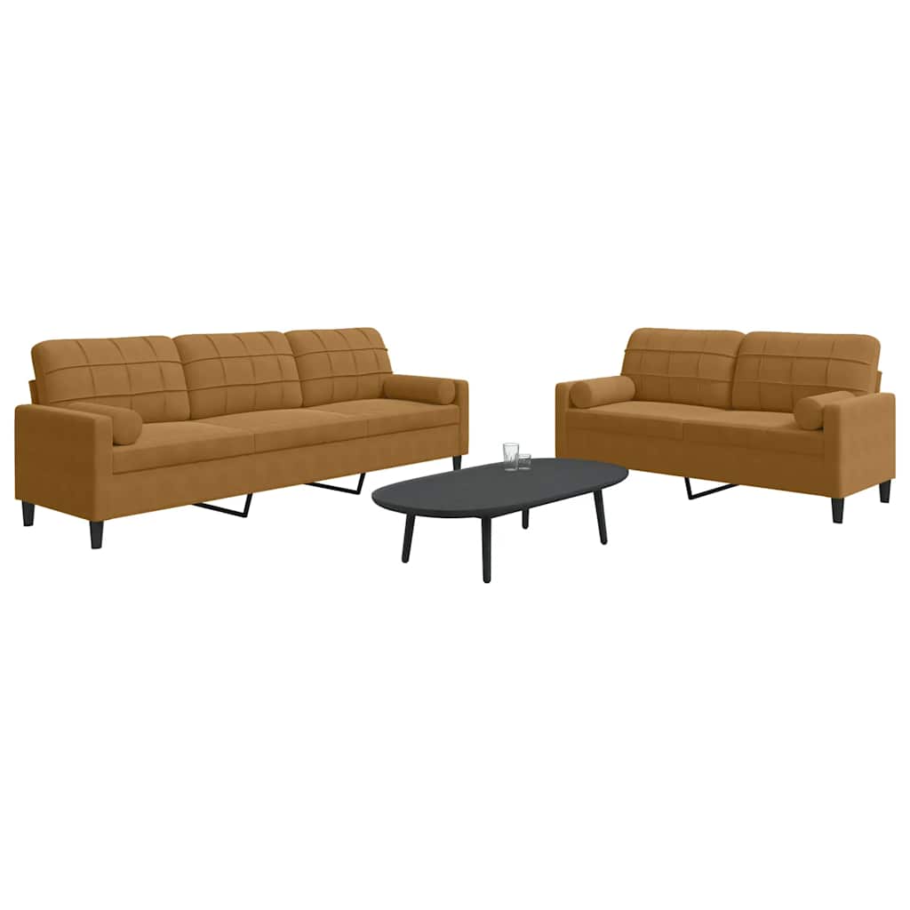 2 Pcs conjunto de sofás com almofadões e rolos veludo castanho