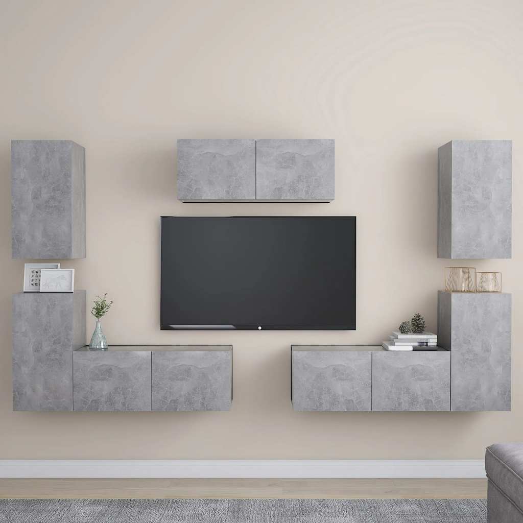 7 Pcs conjunto de móveis de TV contraplacado cinzento cimento