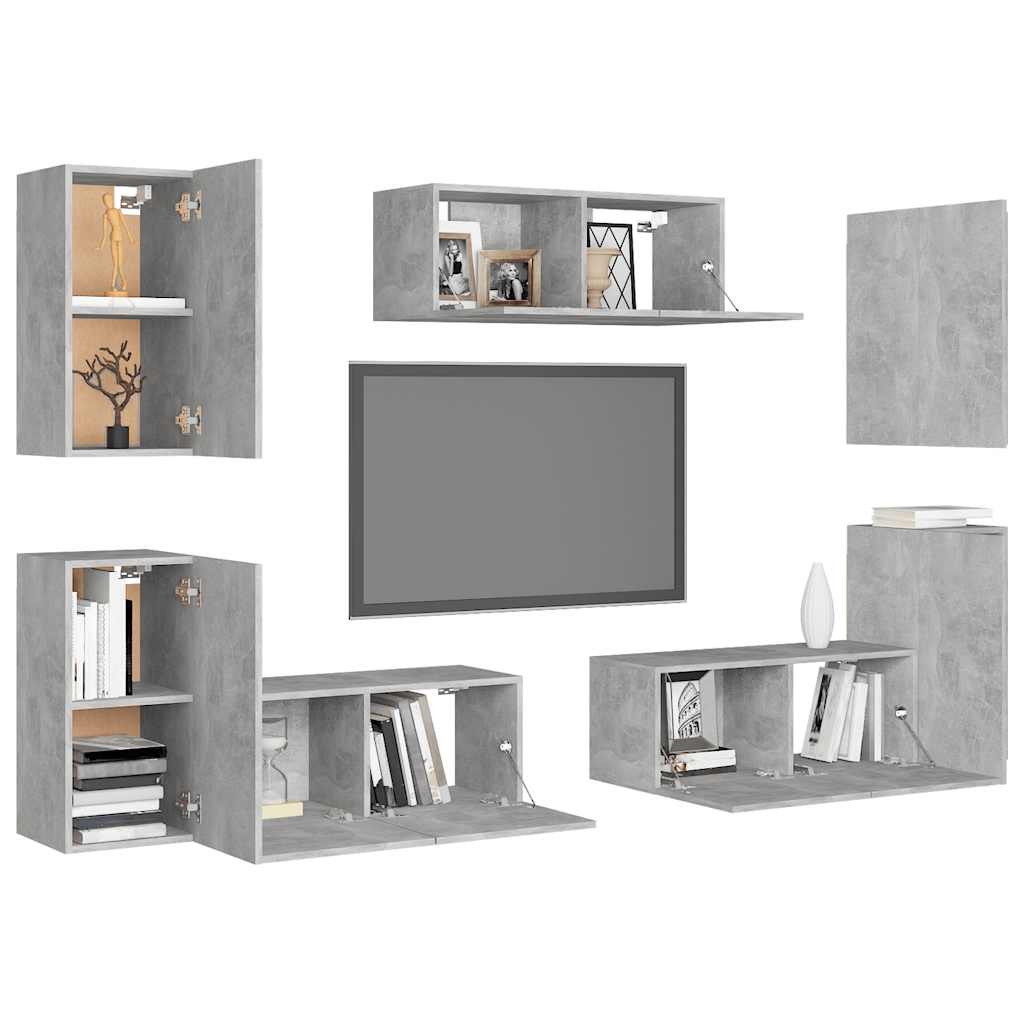 7 Pcs conjunto de móveis de TV contraplacado cinzento cimento