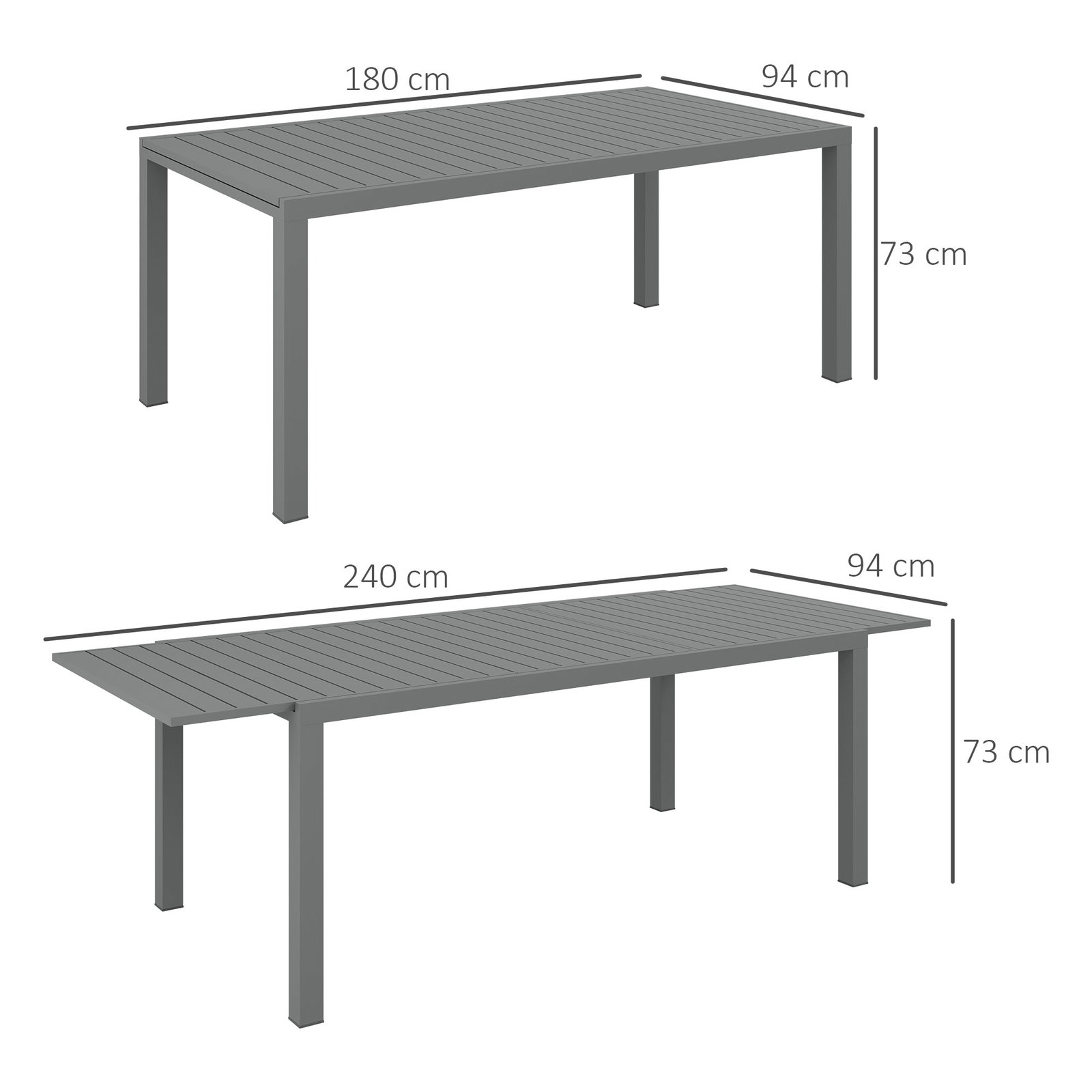 Mesa de jardim extensível mesa de terraço retangular para 6-8 pessoas capacidade 50 kg 180/240x94x73 cm cinza escuro