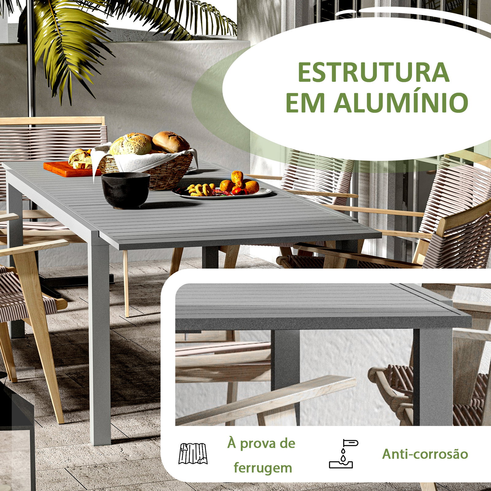 Mesa de jardim extensível mesa de terraço retangular para 6-8 pessoas capacidade 50 kg 180/240x94x73 cm cinza escuro