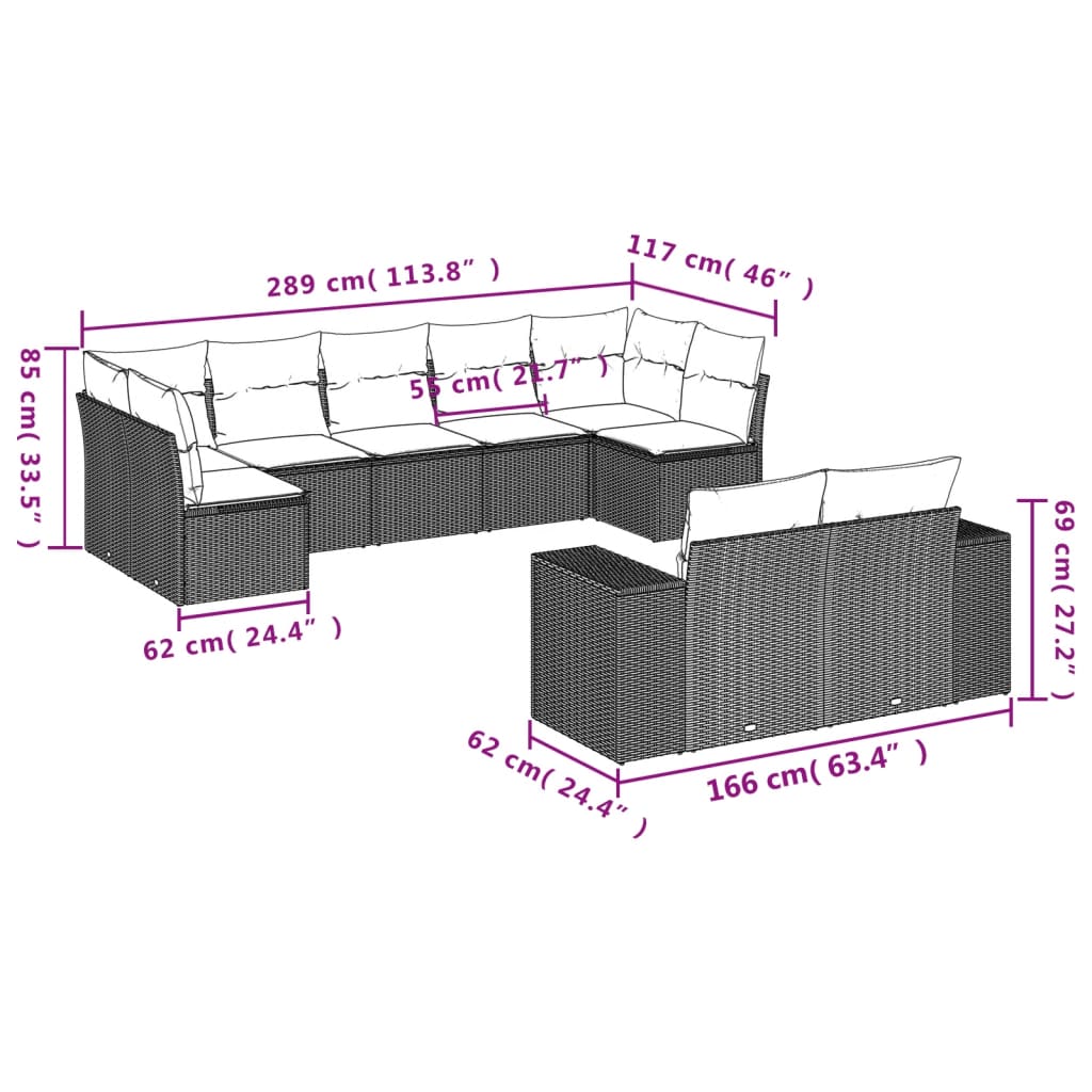 9 Pcs conjunto de sofás p/ jardim com almofadões vime PE bege