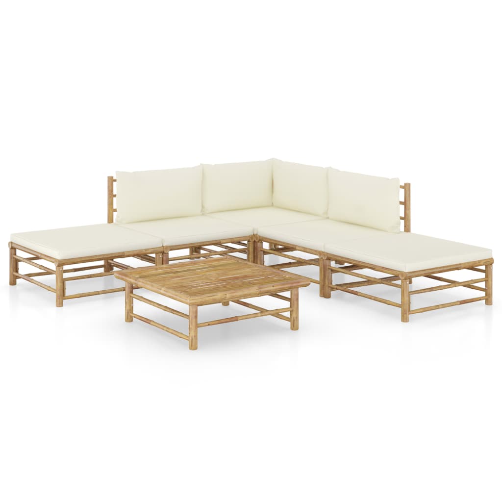 6 Pcs conj. lounge p/ jardim em bambu c/ almofadões branco nata