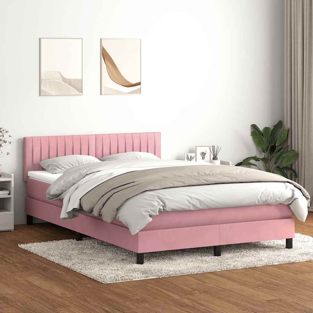 Cama box spring c/ colchão e LED 140x220 cm veludo rosa