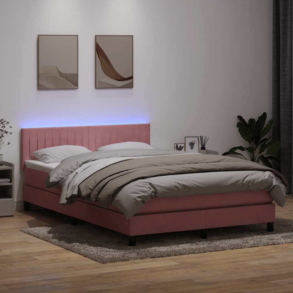 Cama box spring c/ colchão e LED 140x220 cm veludo rosa