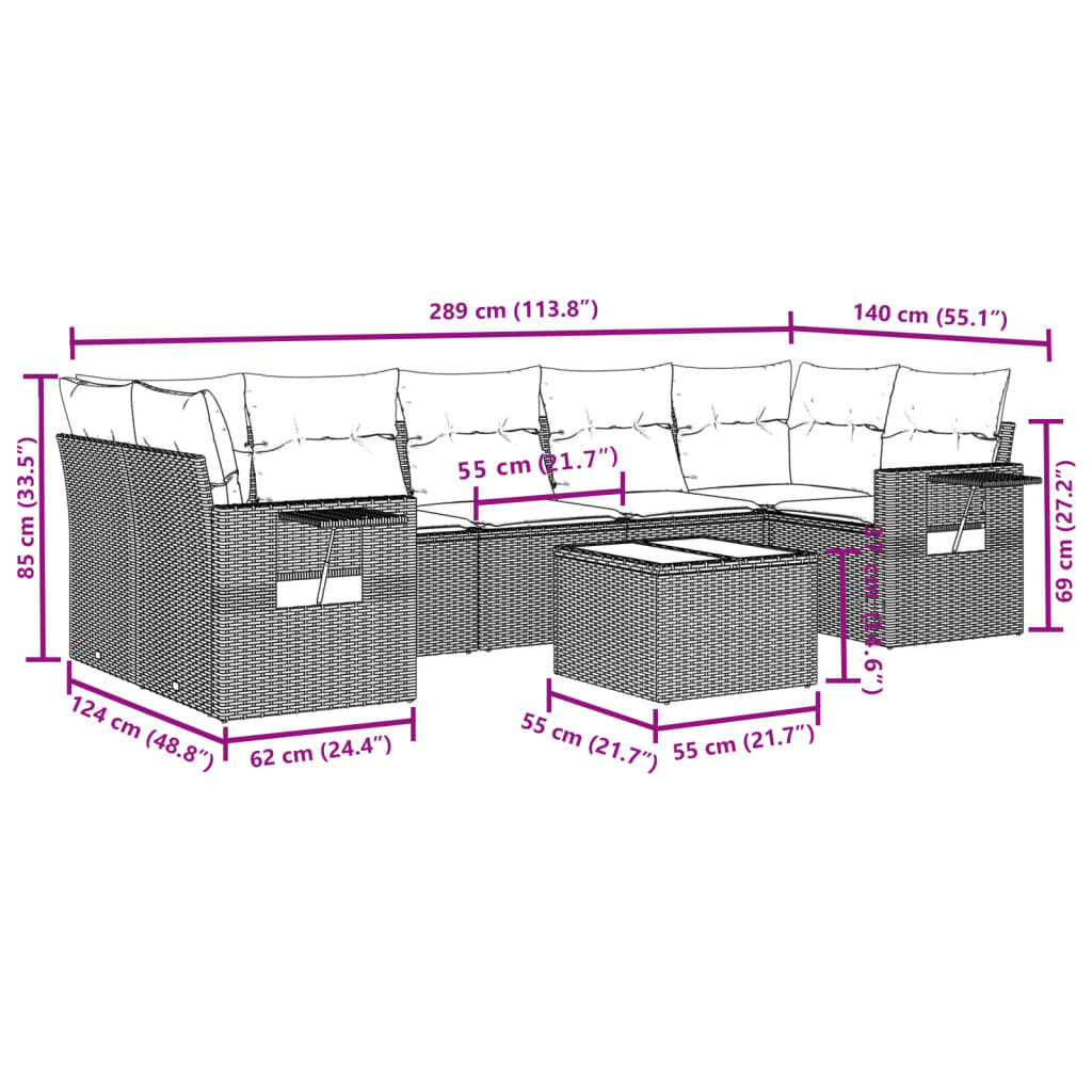 8 Pcs conjunto sofás de jardim c/ almofadões vime PE cinzento