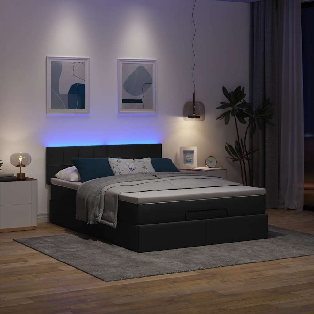 Cama otomana com colchão & leds preto 140x190cm tecido