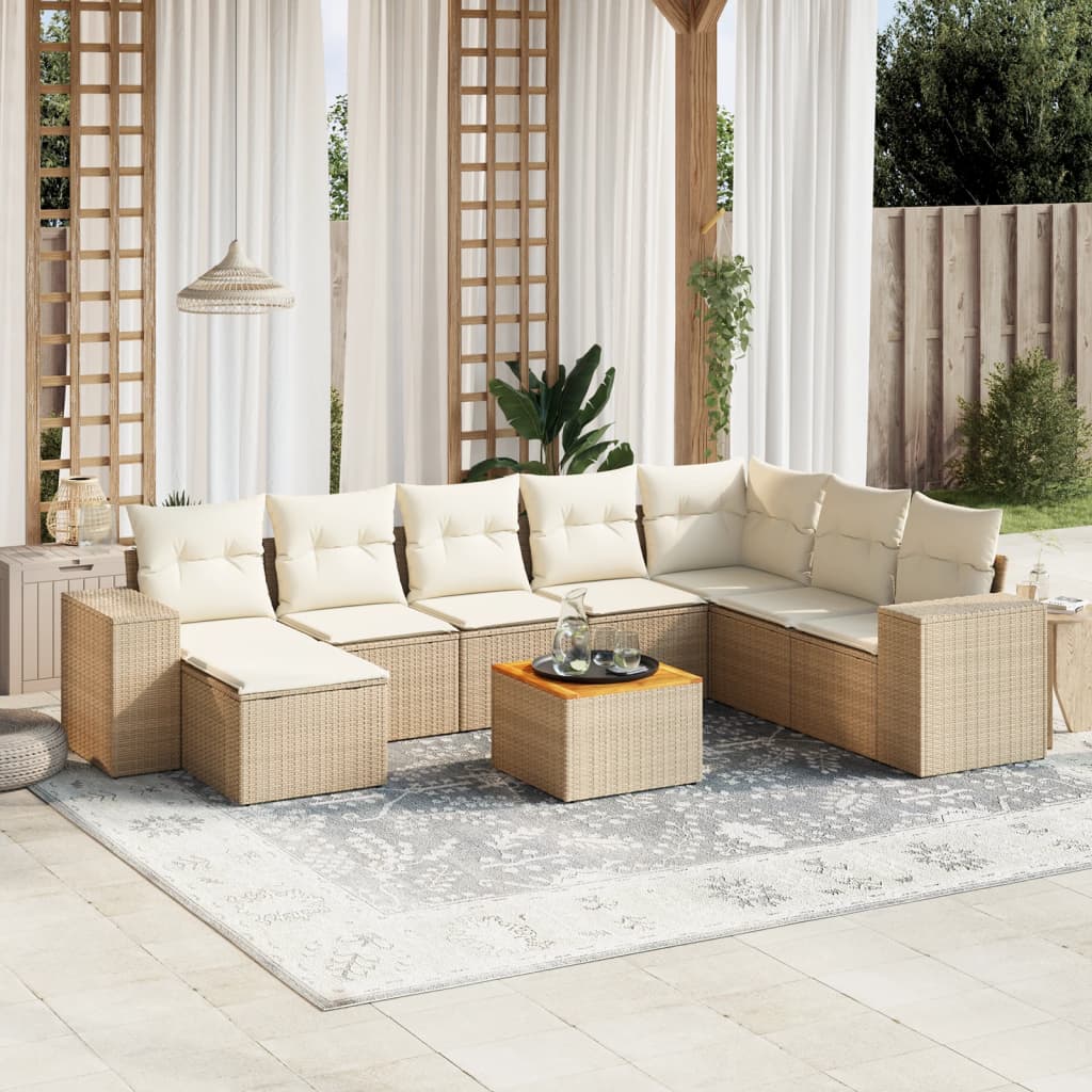 9 Pcs conjunto de sofás p/ jardim com almofadões vime PE bege