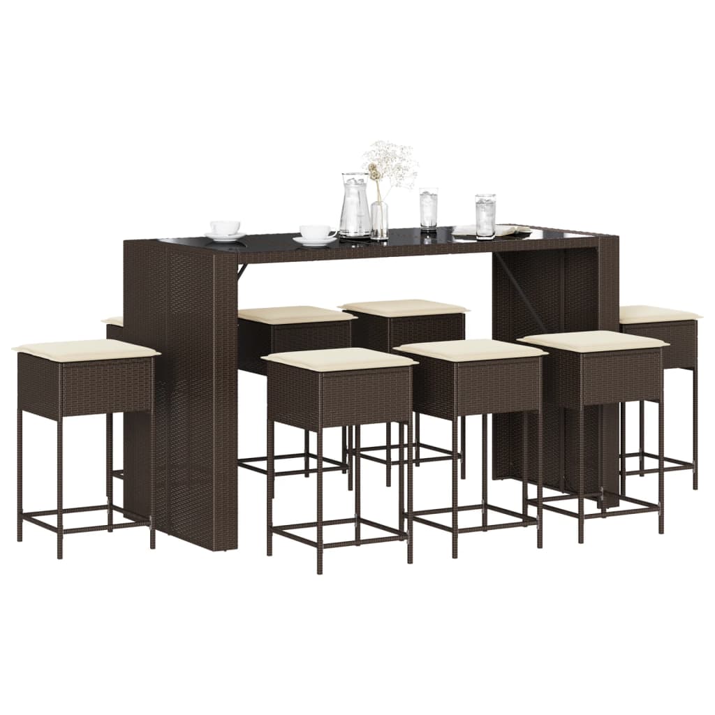 9 Pcs conjunto de bar p/ jardim c/ almofadões vime PE castanho