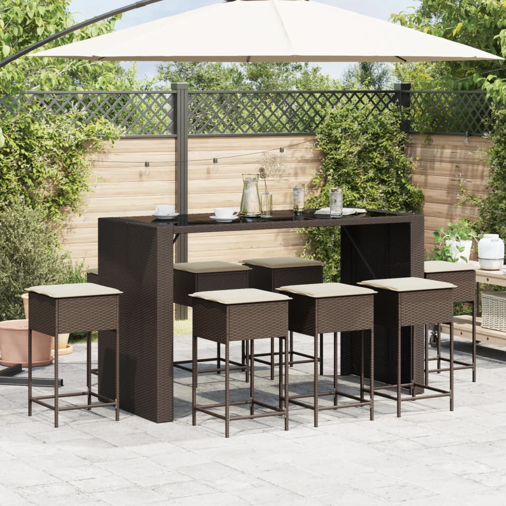 9 Pcs conjunto de bar p/ jardim c/ almofadões vime PE castanho