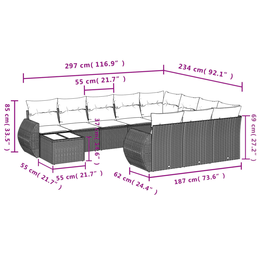 11 Pcs conjunto sofás de jardim c/ almofadões vime PE cinzento