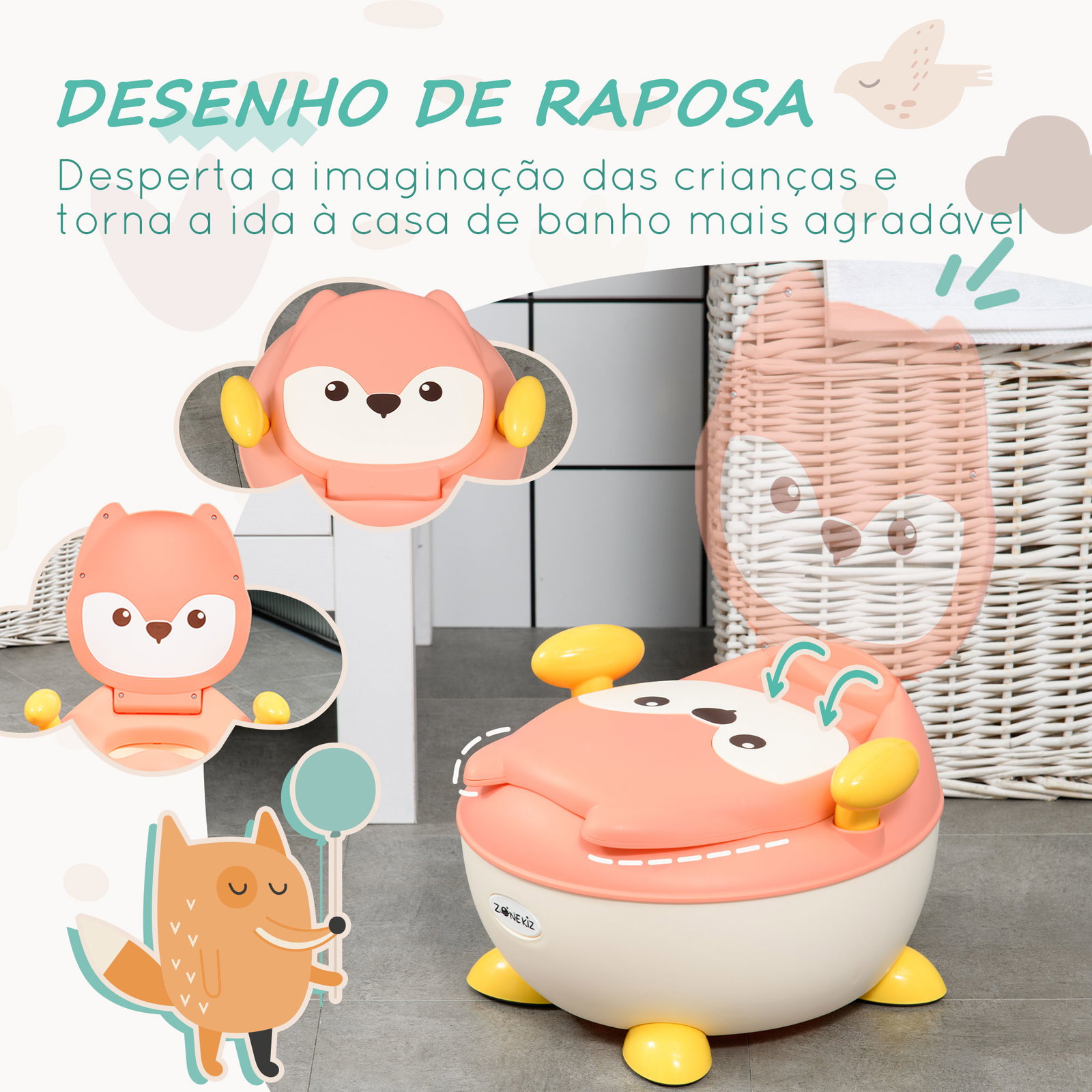 Bacio para bebé de aprendizagem bacio para criança de 6-36 meses em forma de raposa 35,5x35x23 cm rosa