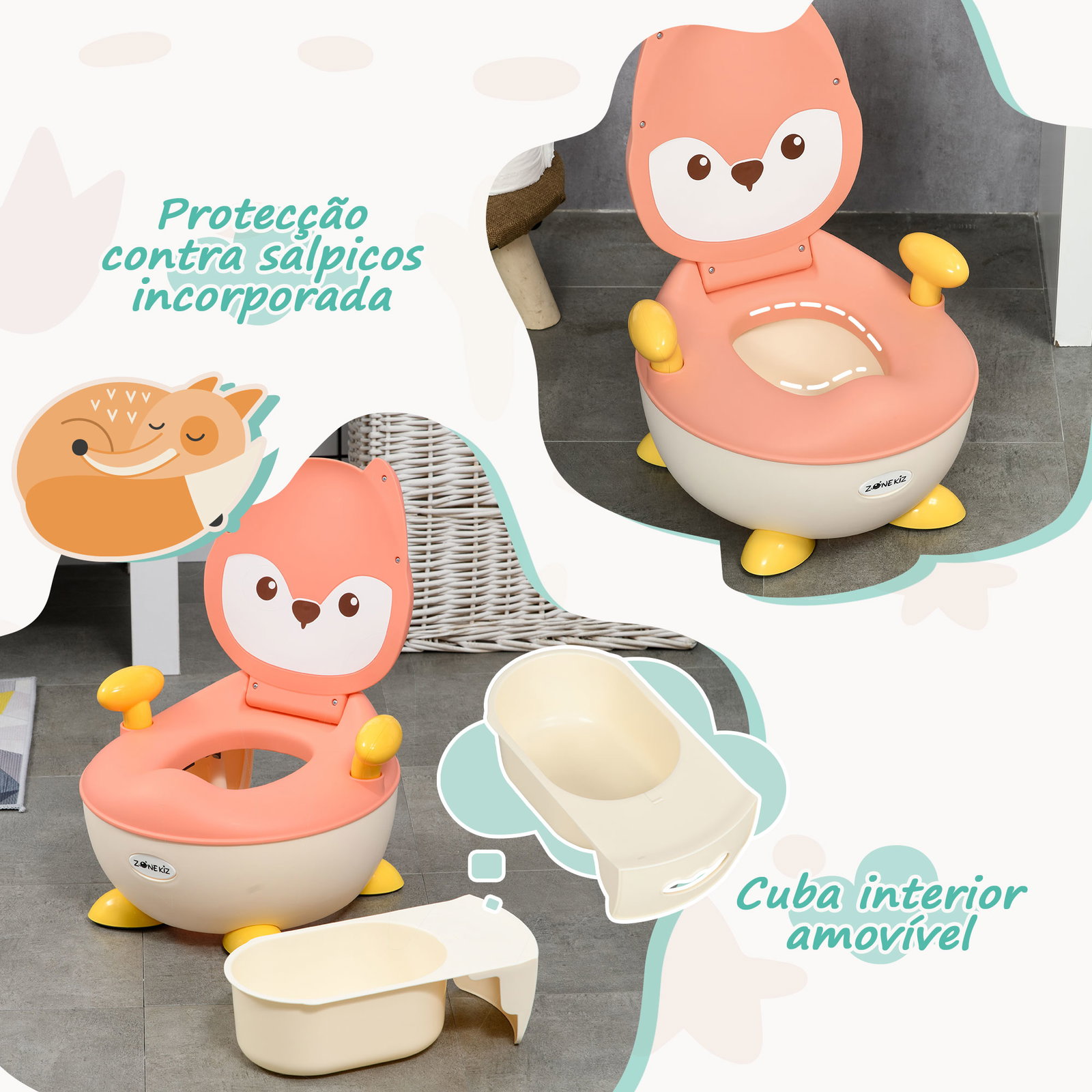 Bacio para bebé de aprendizagem bacio para criança de 6-36 meses em forma de raposa 35,5x35x23 cm rosa