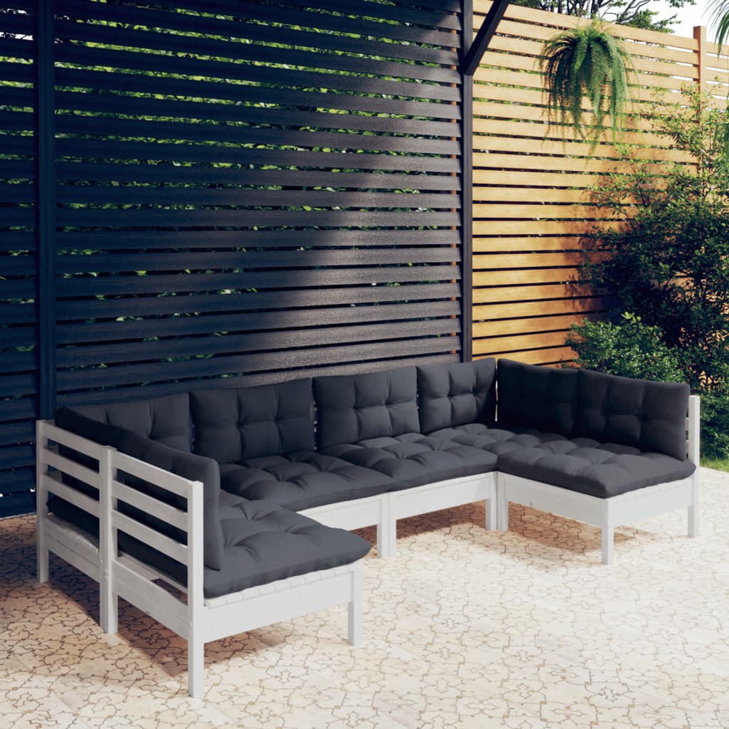 6 Pcs conj. lounge de jardim c/ almofadões pinho maciço branco