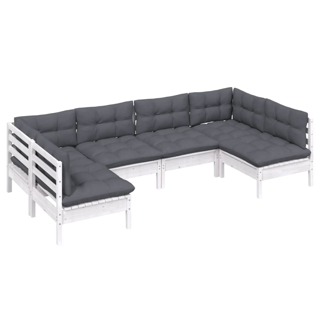 6 Pcs conj. lounge de jardim c/ almofadões pinho maciço branco