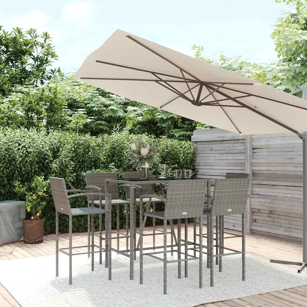 7 Pcs conjunto de bar para jardim vime PE cinzento
