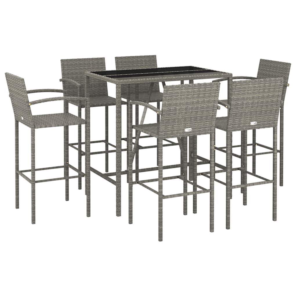7 Pcs conjunto de bar para jardim vime PE cinzento