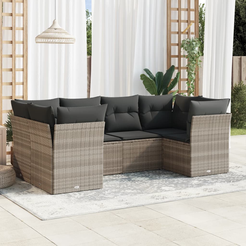 6 Pcs conj. sofás jardim com almofadões vime PE cinzento-claro