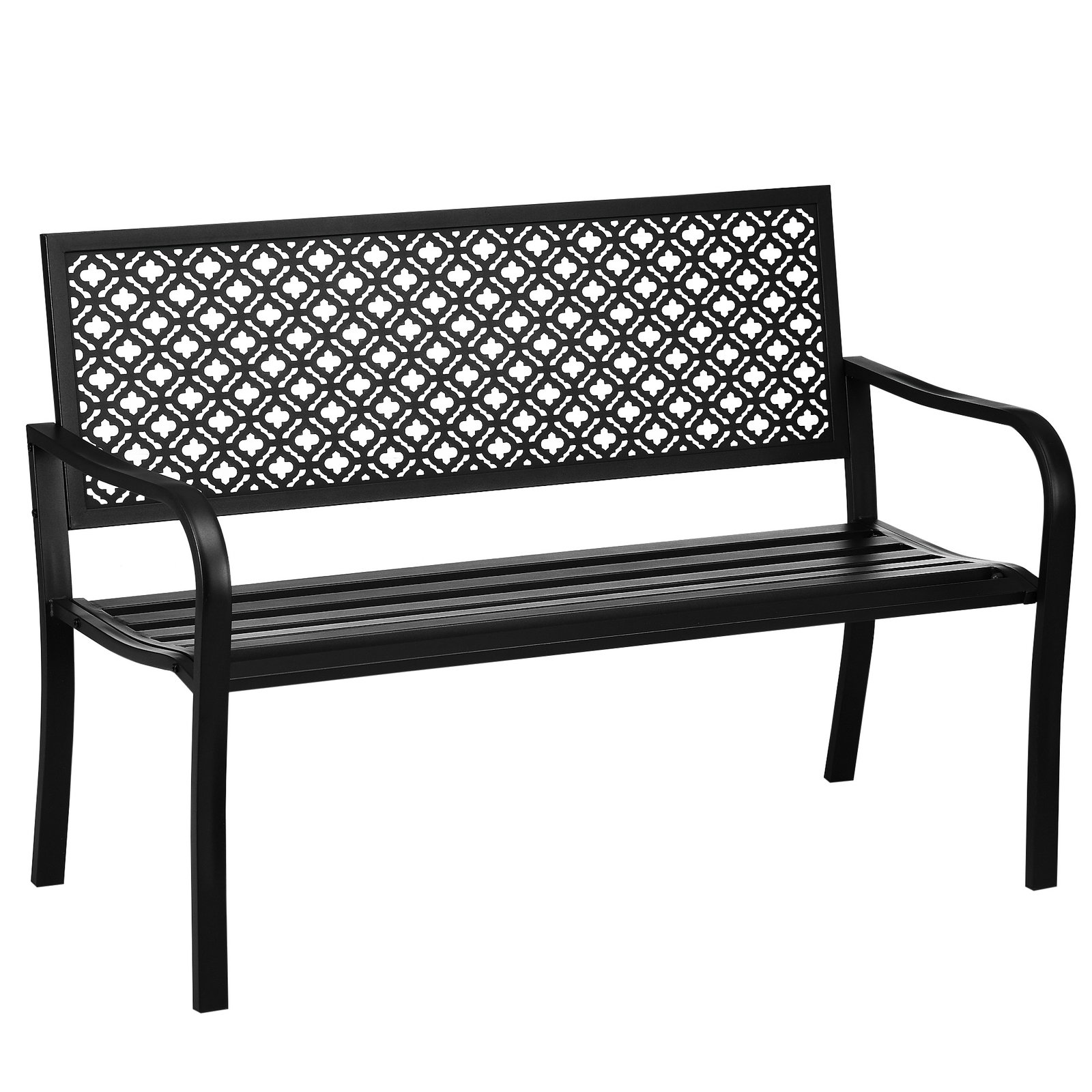 Banco de jardim de aço banco de exterior de 2 lugares com encosto decorativo 127x63x83cm preto