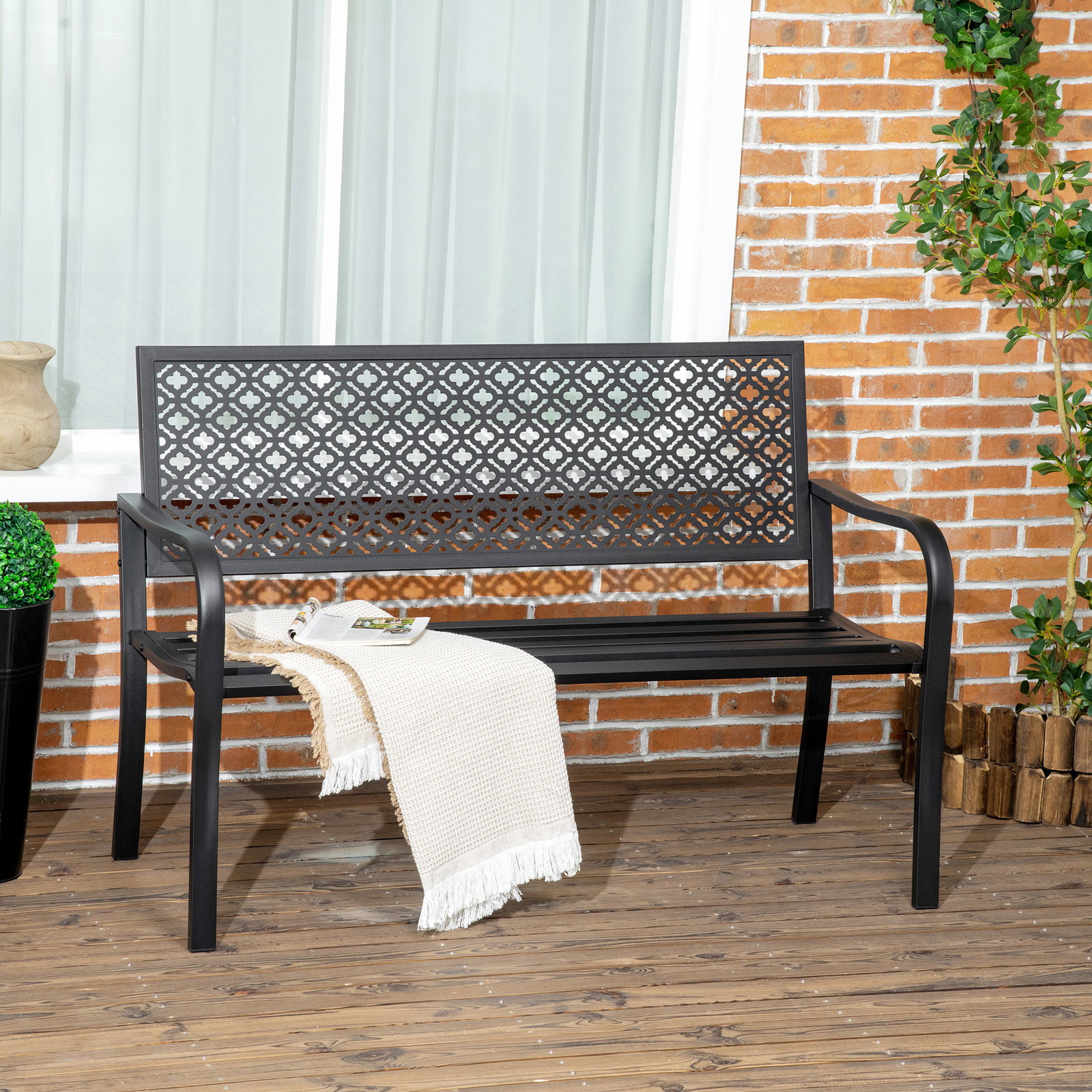 Banco de jardim de aço banco de exterior de 2 lugares com encosto decorativo 127x63x83cm preto