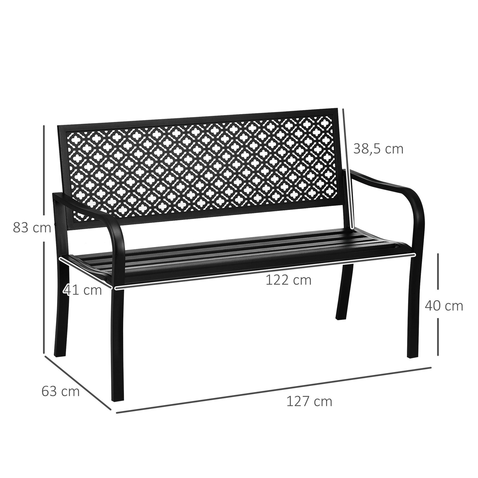 Banco de jardim de aço banco de exterior de 2 lugares com encosto decorativo 127x63x83cm preto