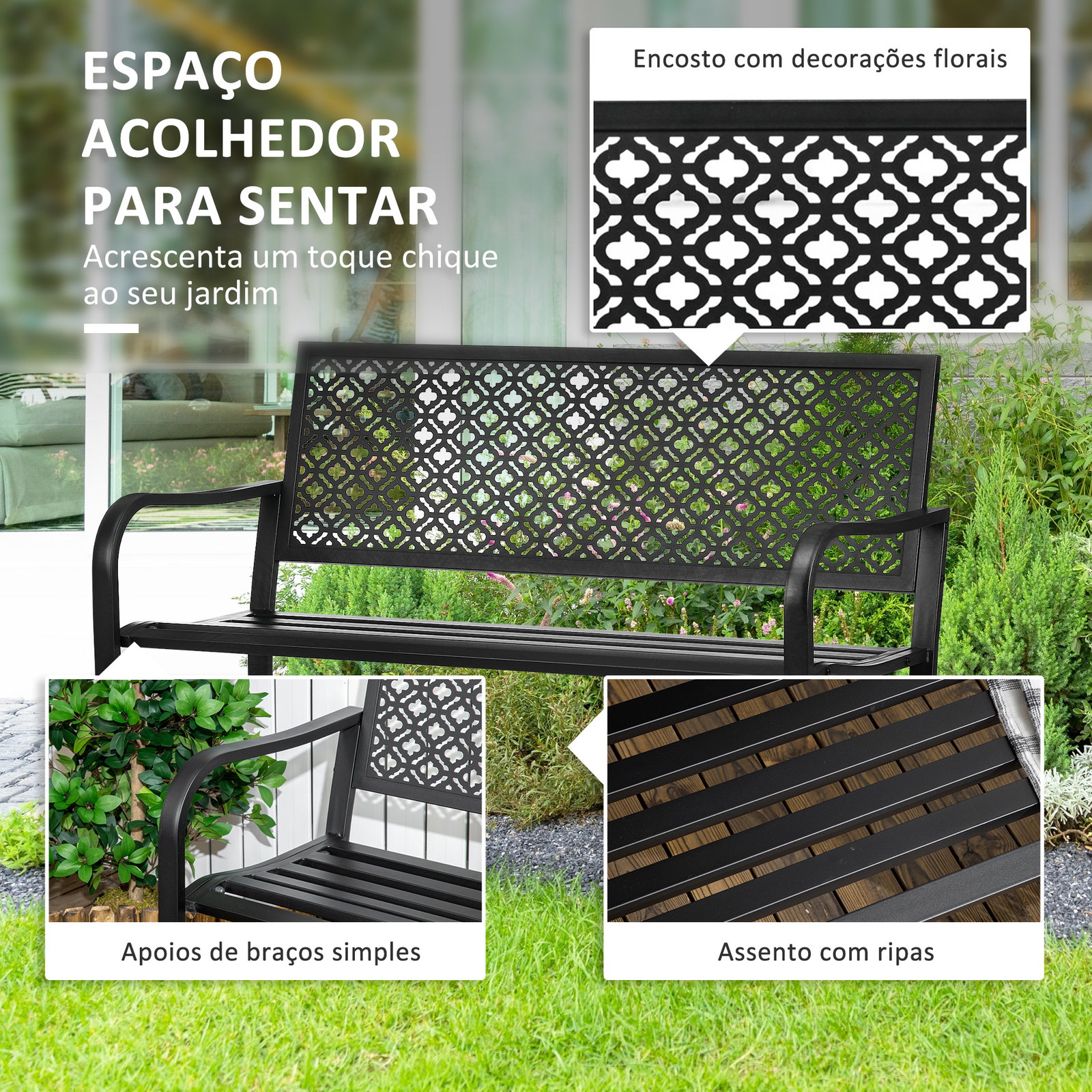 Banco de jardim de aço banco de exterior de 2 lugares com encosto decorativo 127x63x83cm preto