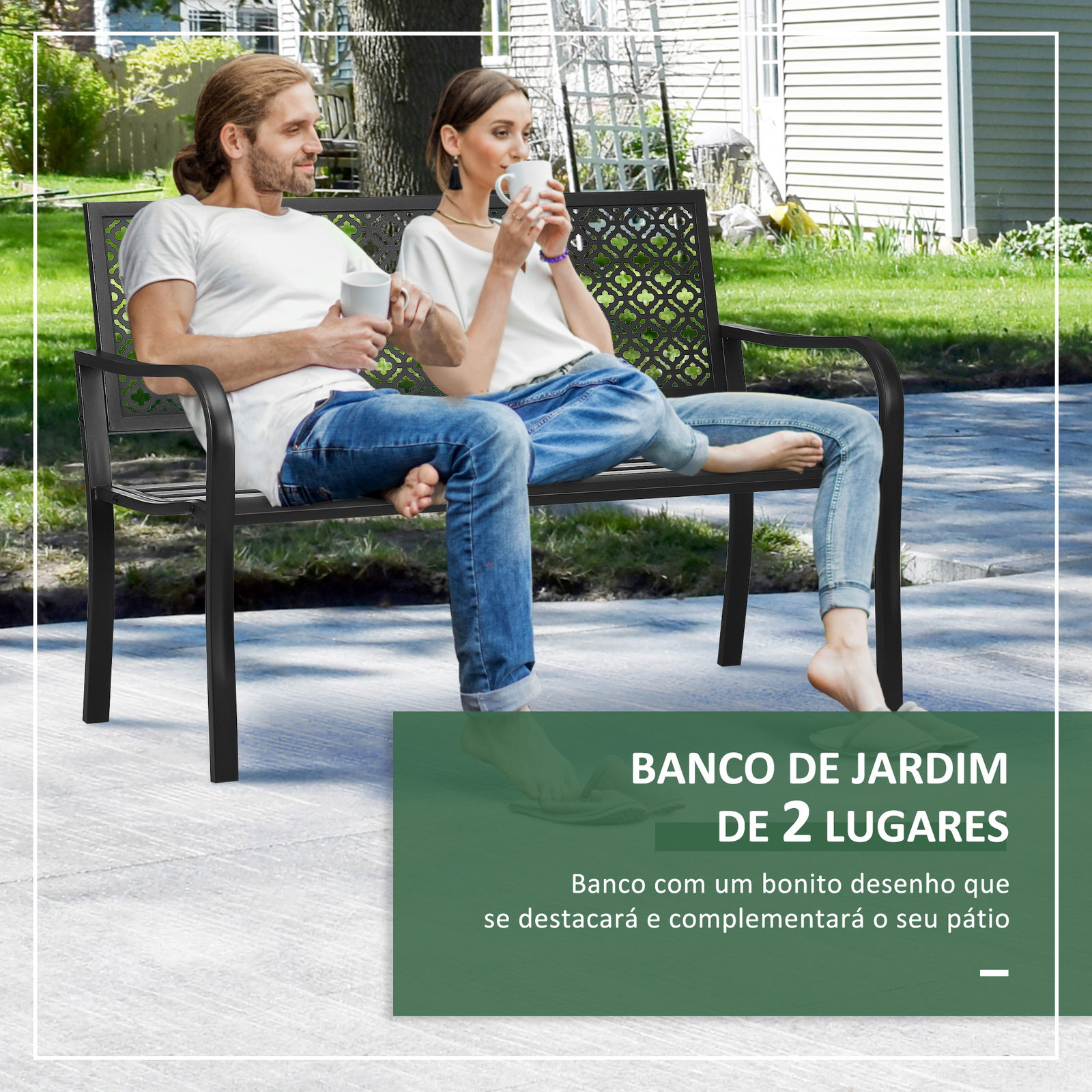 Banco de jardim de aço banco de exterior de 2 lugares com encosto decorativo 127x63x83cm preto