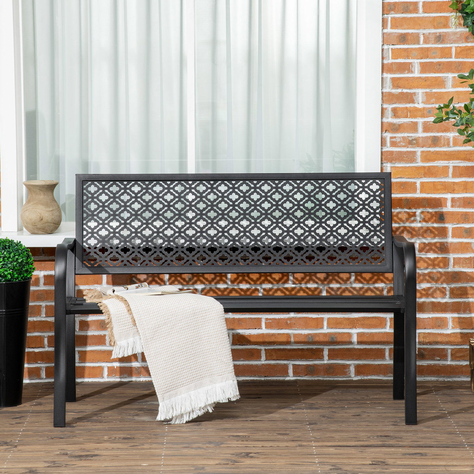 Banco de jardim de aço banco de exterior de 2 lugares com encosto decorativo 127x63x83cm preto