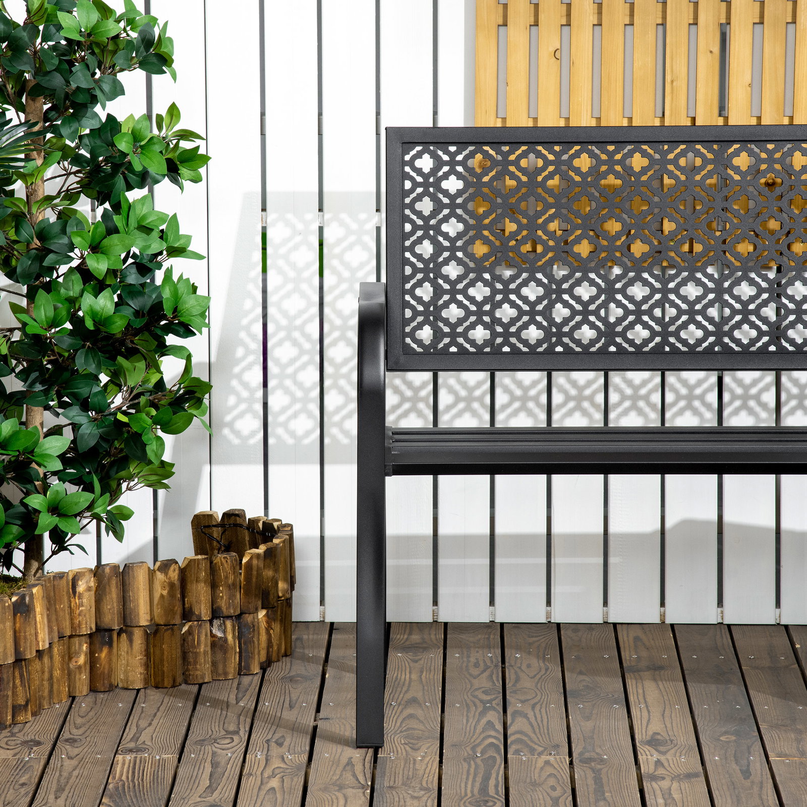 Banco de jardim de aço banco de exterior de 2 lugares com encosto decorativo 127x63x83cm preto