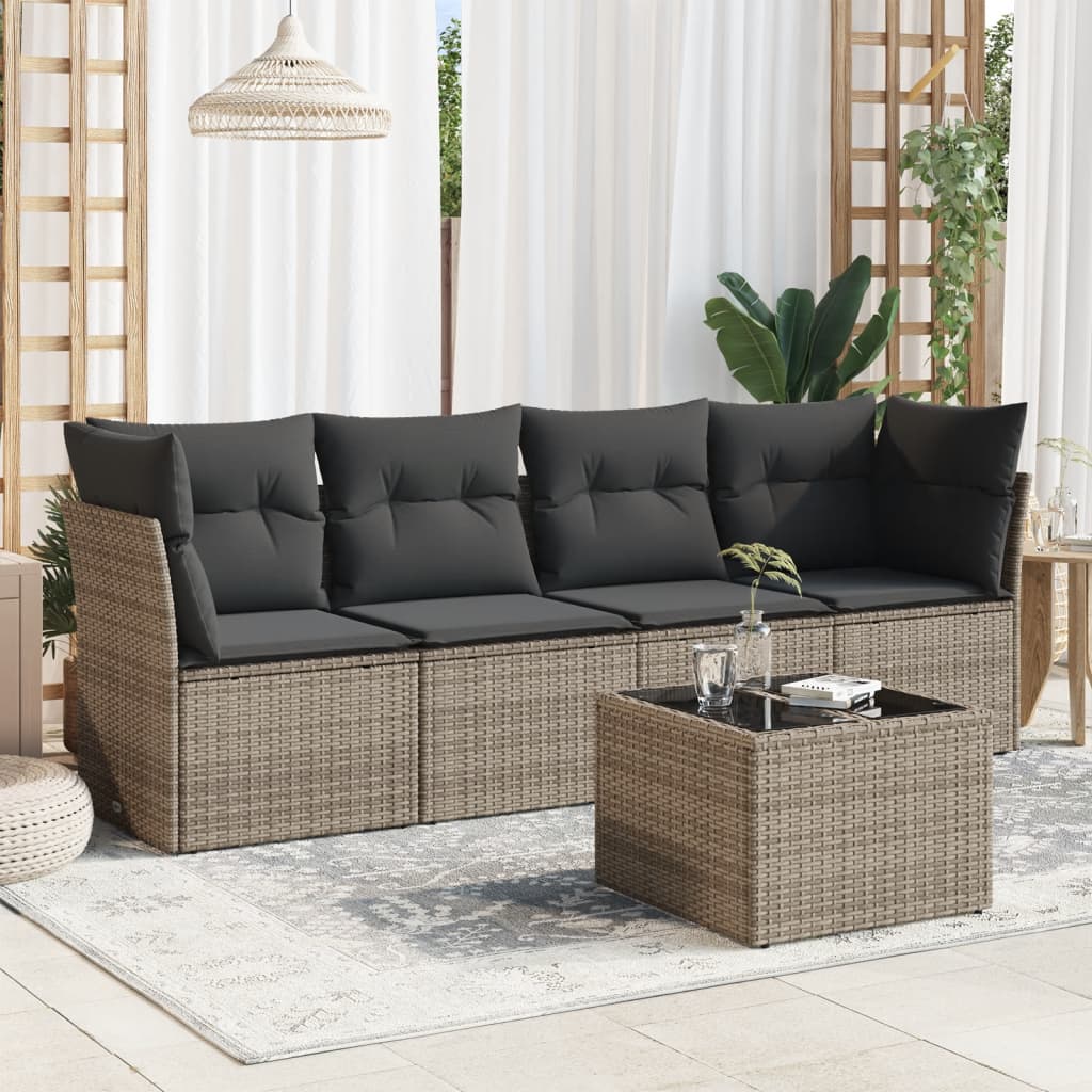 5 Pcs conjunto sofás de jardim c/ almofadões vime PE cinzento