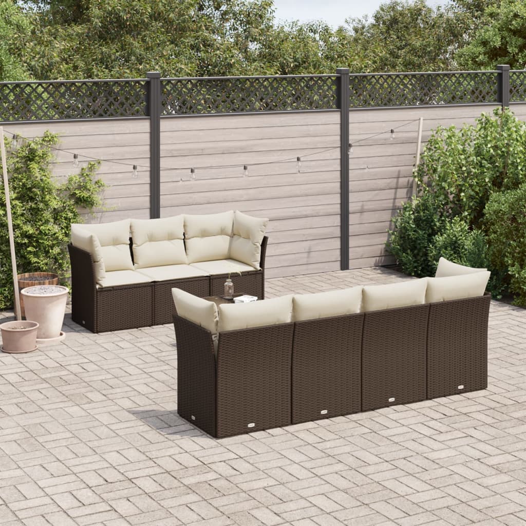 8 Pcs conjunto sofás de jardim c/ almofadões vime PE castanho