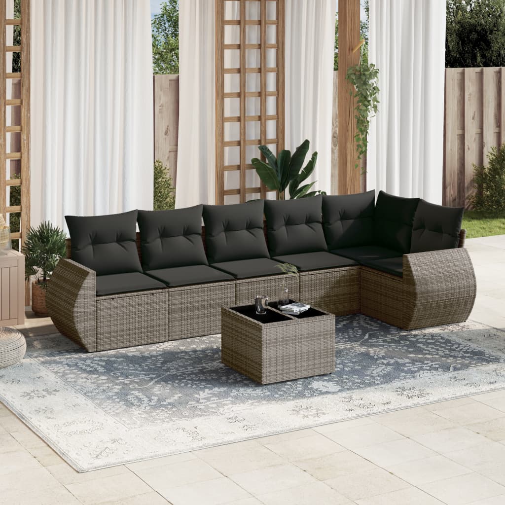 7 Pcs conjunto sofás p/ jardim c/ almofadões vime PE cinzento